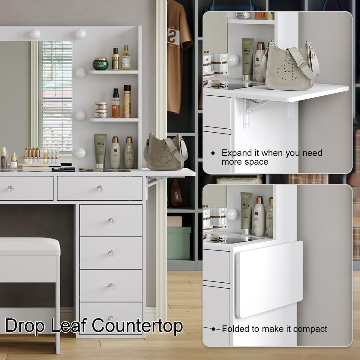 Vanity Desk with Mirror and 12 LED Lights, 11 Drawers & 4 Shelves P860501