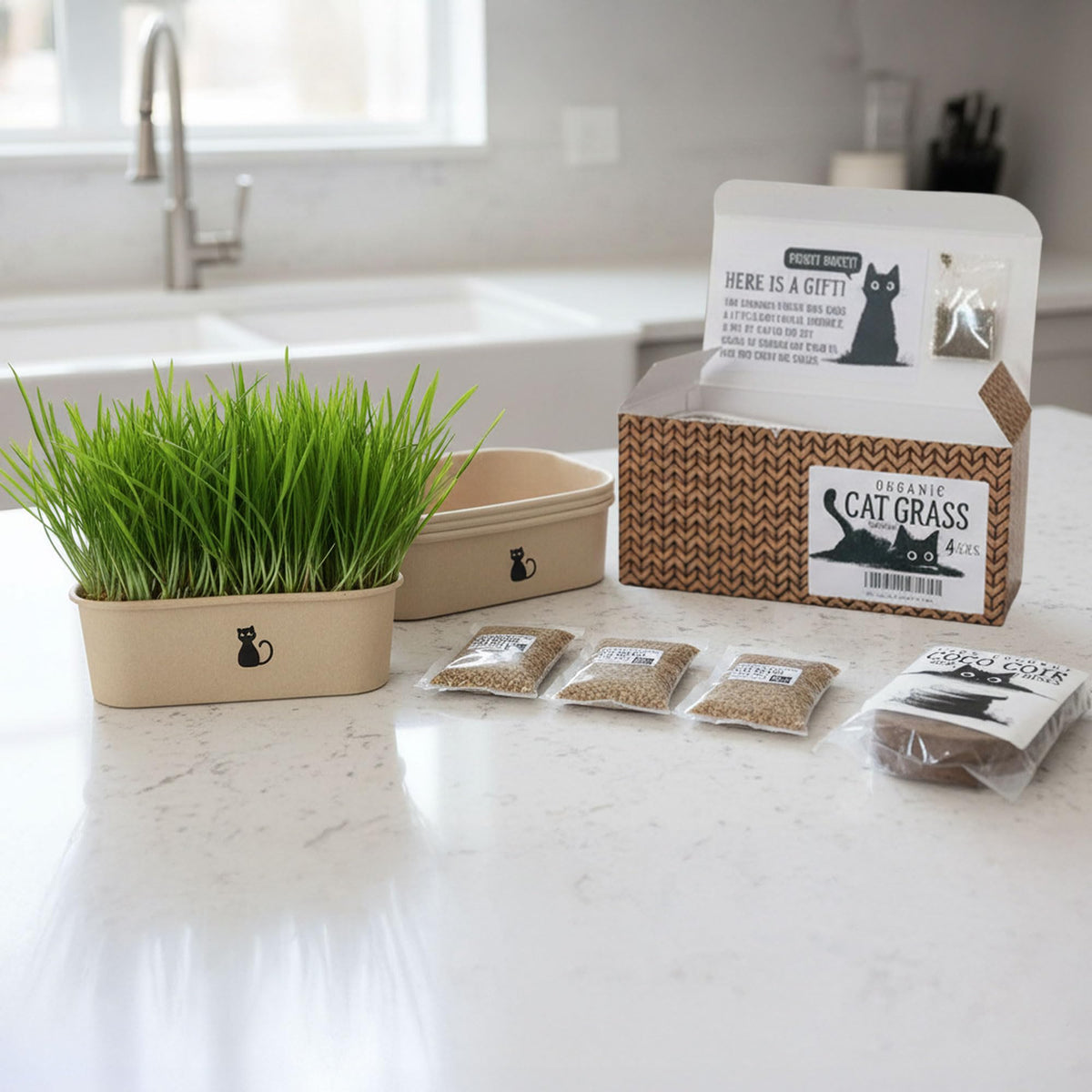 4-Batch Indoor Cat Grass Grow Kit with Containers, Soil Disks & Seeds M191080