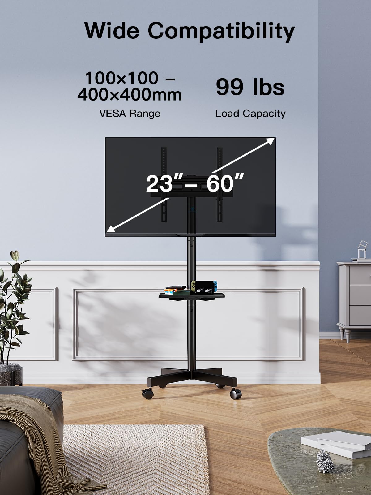 Rolling TV Stand on Wheels for 23-65 Inch TVs, Tilt Mobile TV Cart Holds up to 99 lbs with Adjustable Height Shelf L23689