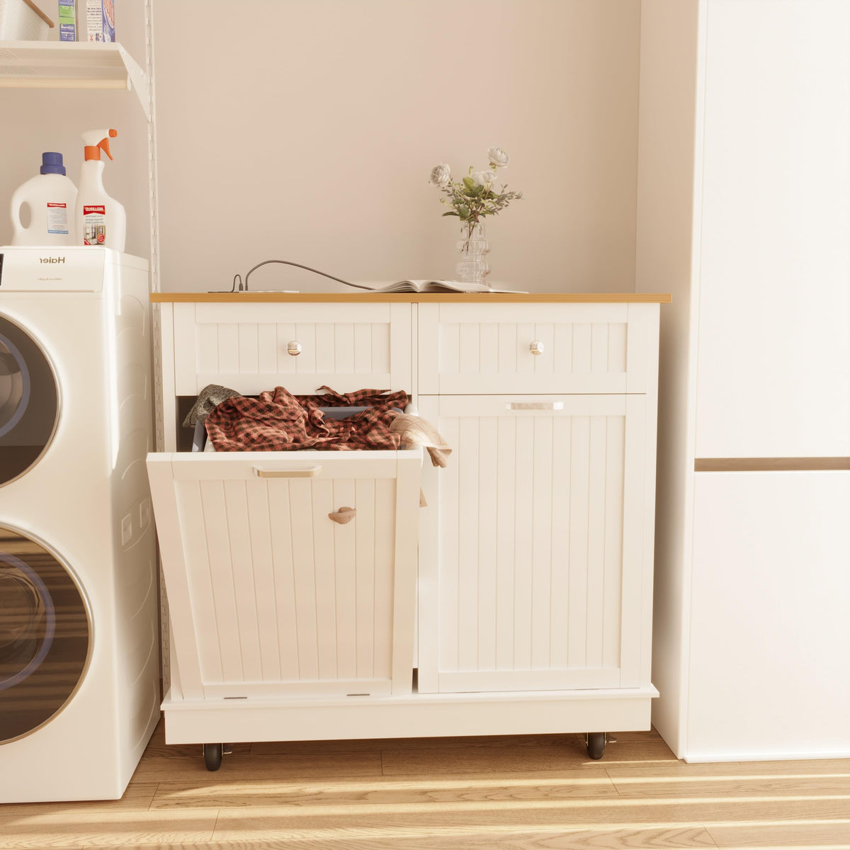 White 20 Gallons Tilt-Out Trash Can Cabinet D5735