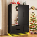 3 Doors Armoire Wardrobe Closet with Mirror, 2 Drawers, LED Light, Hanging Rod, Black T63186