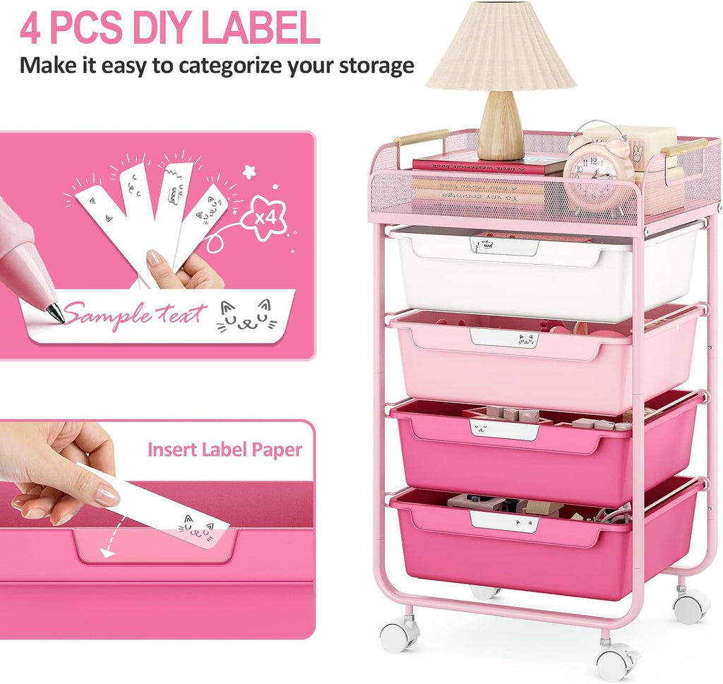 4-Drawer Rolling Storage Cart with Mesh Top F259