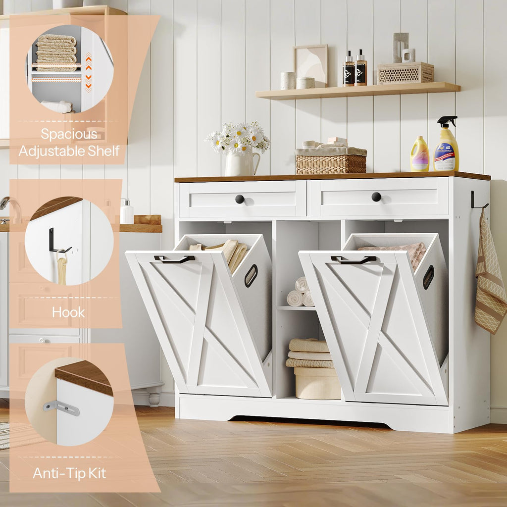 White and Walnut 23 Gallon Laundry Hamper Cabinet with 2 Drawers O12173