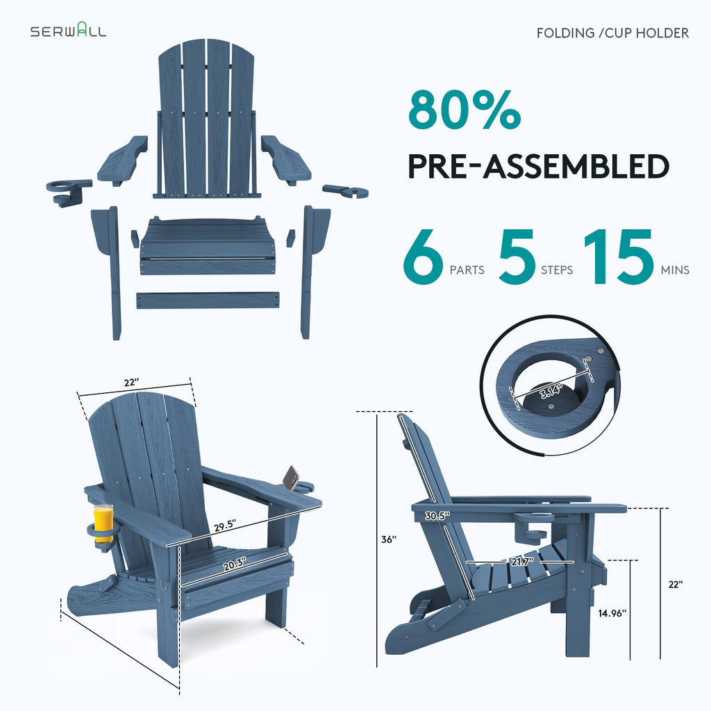 Blue Foldable Adirondack Chair Set of 2 with Cup Holders G676