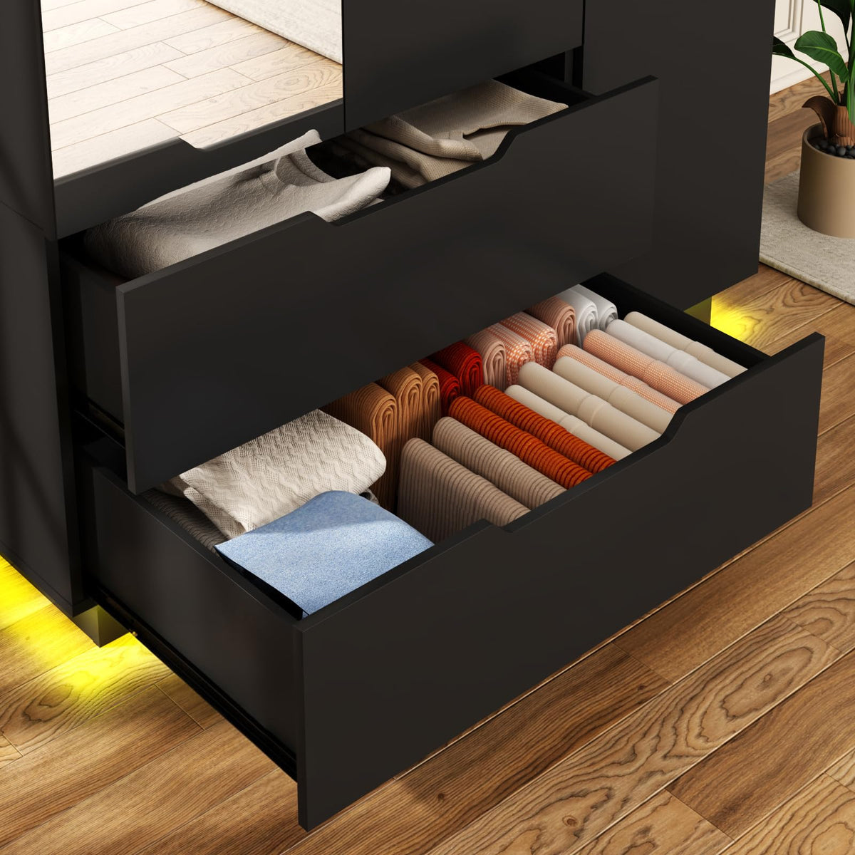 3 Doors Armoire Wardrobe Closet with Mirror, 2 Drawers, LED Light, Hanging Rod, Black T63186