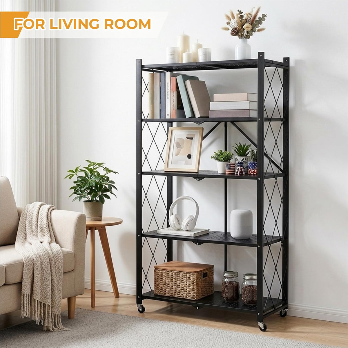 5 Tier Foldable Metal Storage Shelf with Wheels M4656