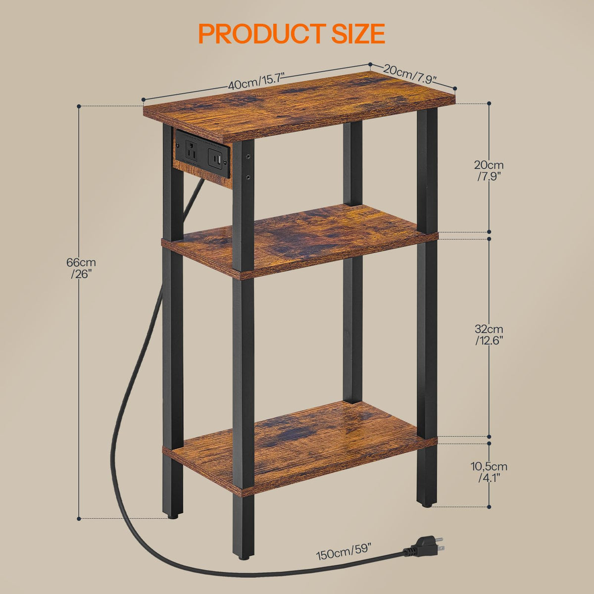 Narrow 3-Tier Side Table with Charging Station Y8924