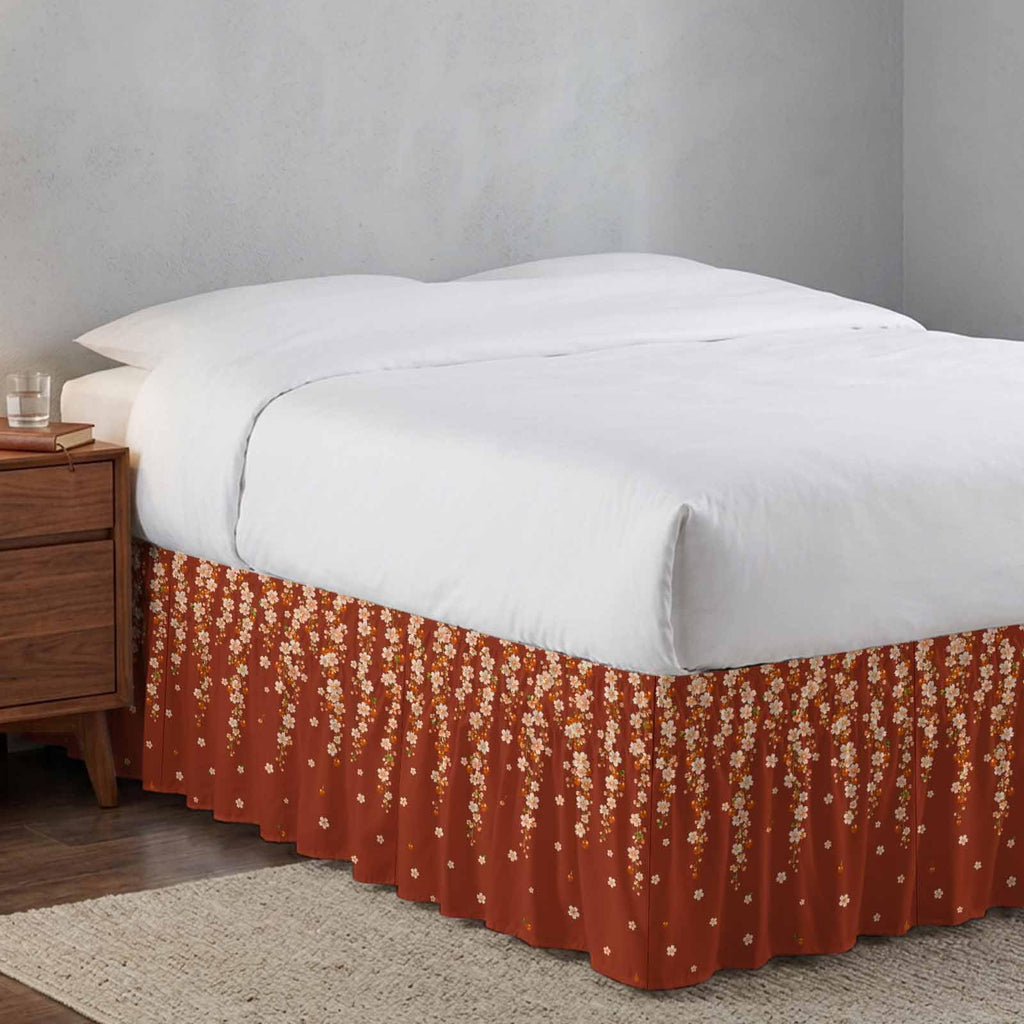 Brown Cherry Blossoms Ruffle Wrap Around Bed Skirt California King 18" Drop C8563