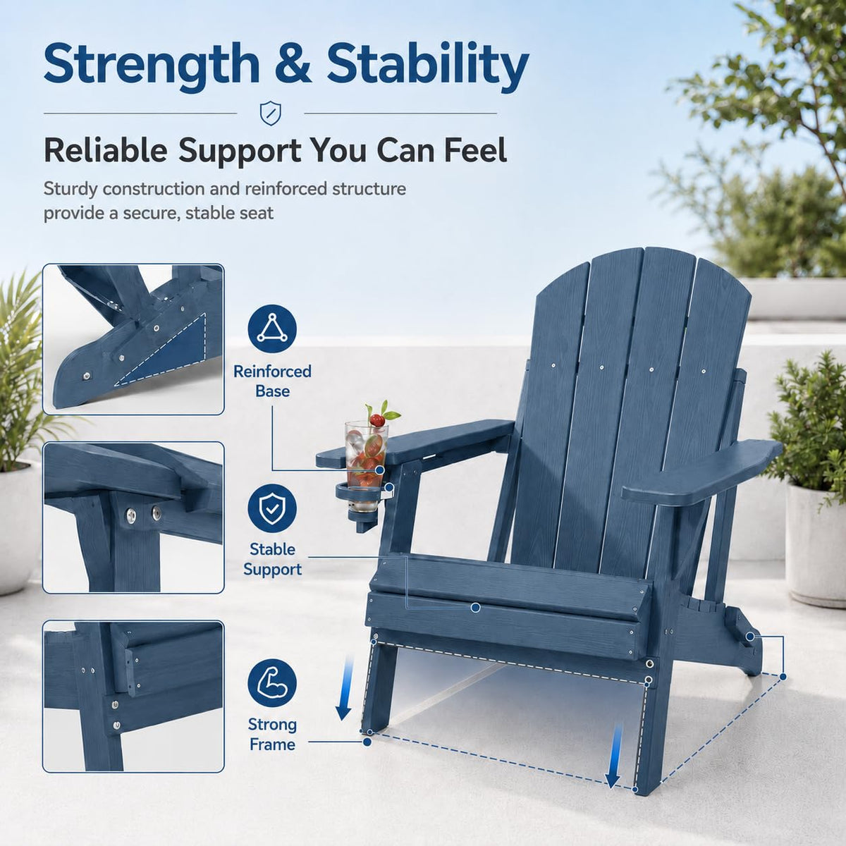 Folding Adirondack Chairs Set of 4 with Cup Holders, Heavy-Duty HDPE Plastic, Navy Blue X40522