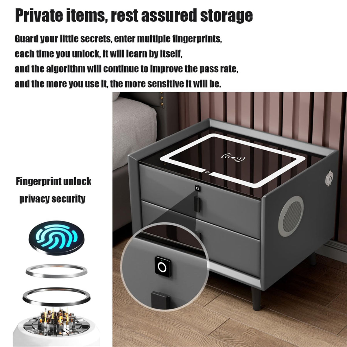 Smart Bedroom Nightstand with Fingerprint Lock and LED Lights W3206