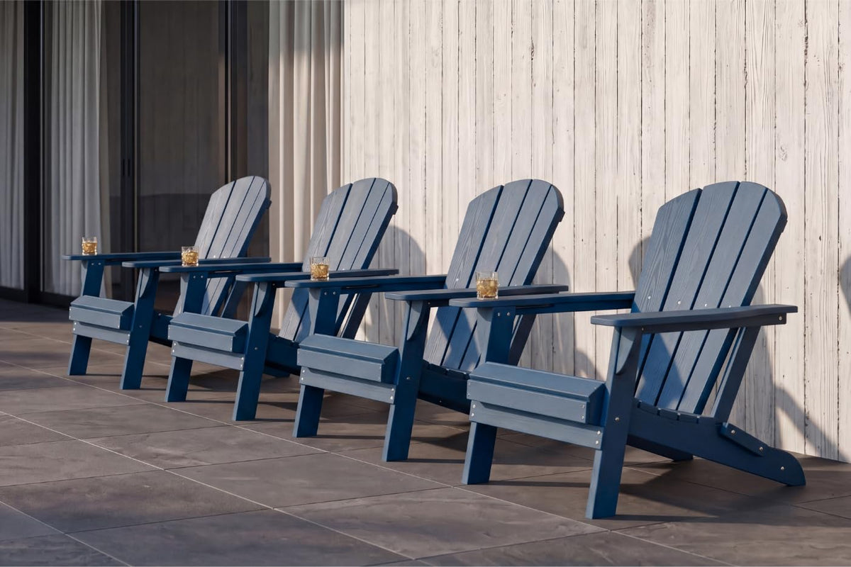 Folding Adirondack Chairs Set of 4 with Cup Holders, Heavy-Duty HDPE Plastic, Navy Blue X40522