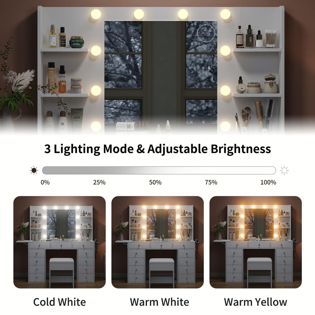 Vanity Desk with Mirror and 12 LED Lights, 11 Drawers & 4 Shelves P860501