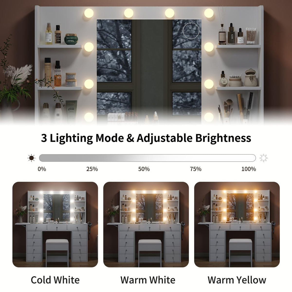 Vanity Desk with Mirror and 12 LED Lights, 11 Drawers & 4 Shelves P860501