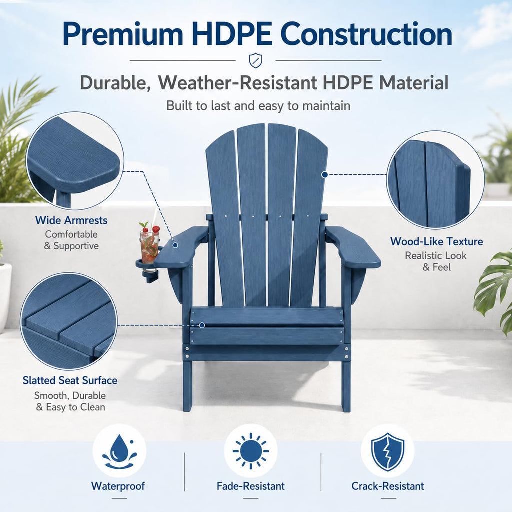 Folding Adirondack Chairs Set of 4 with Cup Holders, Heavy-Duty HDPE Plastic, Navy Blue X40522