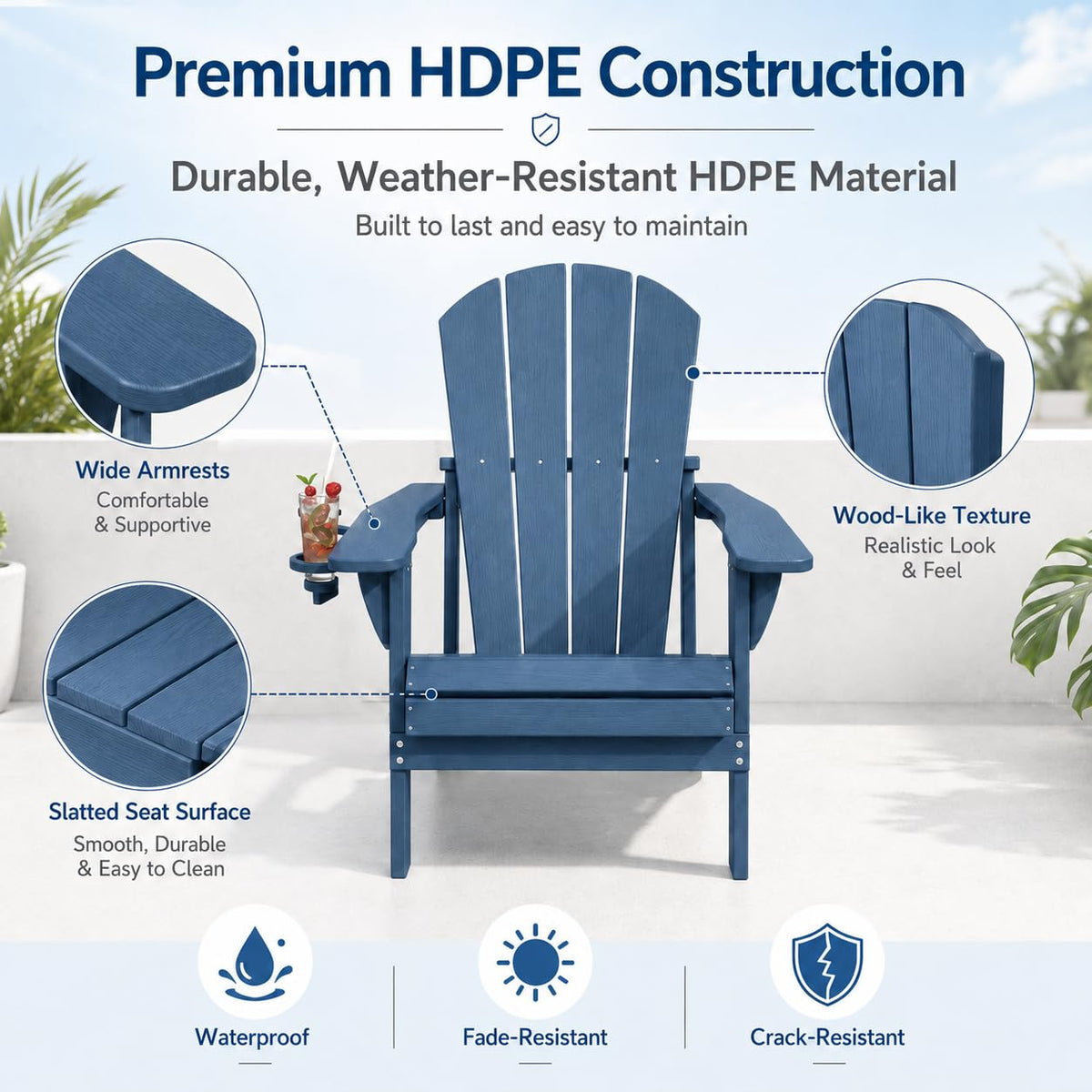 Folding Adirondack Chairs Set of 4 with Cup Holders, Heavy-Duty HDPE Plastic, Navy Blue X40522