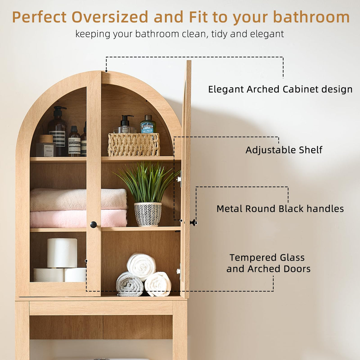 Arched Over The Toilet Storage Cabinet with Glass Doors, Natural Oak E43664