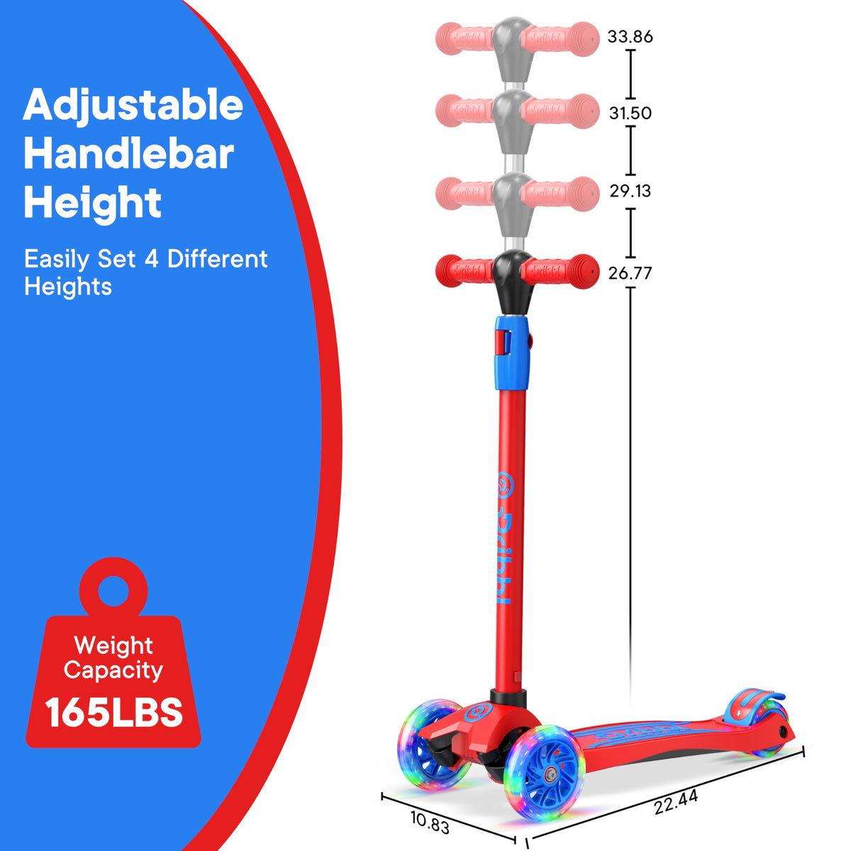 3-Wheel Kids Scooter Adjustable Height Anti-Slip Deck Red and Blue Q2301