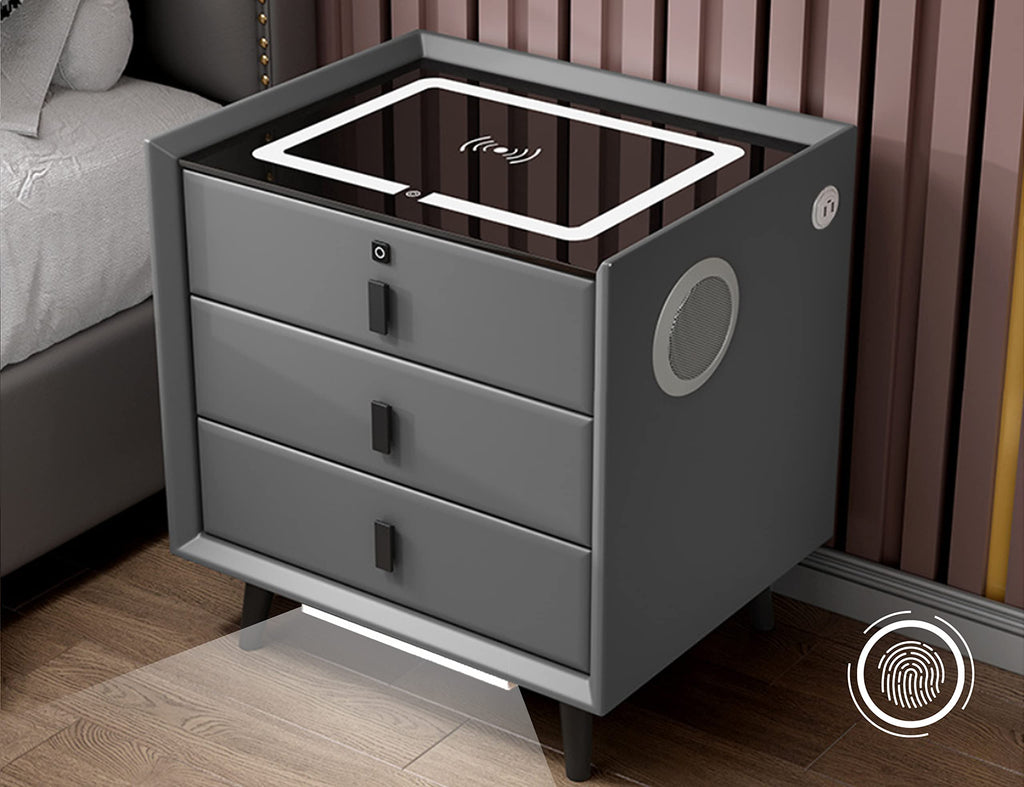 Grey Three Drawers Nightstand with Fingerprint Lock and Wireless Charging E54195