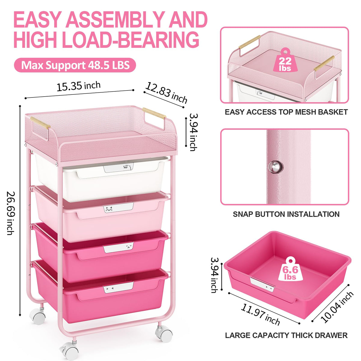 4-Drawer Rolling Storage Cart with Mesh Top F259