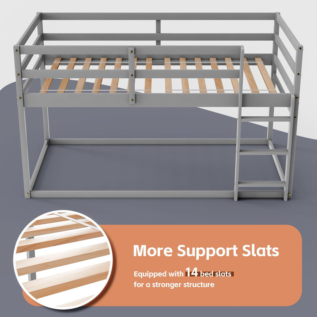 Low Twin Over Twin Wooden Bunk Bed with Ladder and Guardrails Q610992