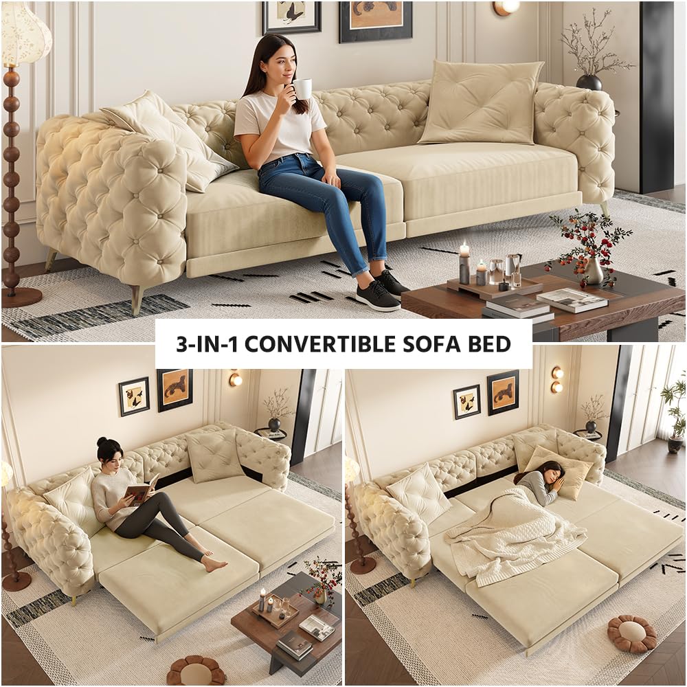 Velvet 3-in-1 Convertible Sleeper Sofa with Movable Ottoman V404