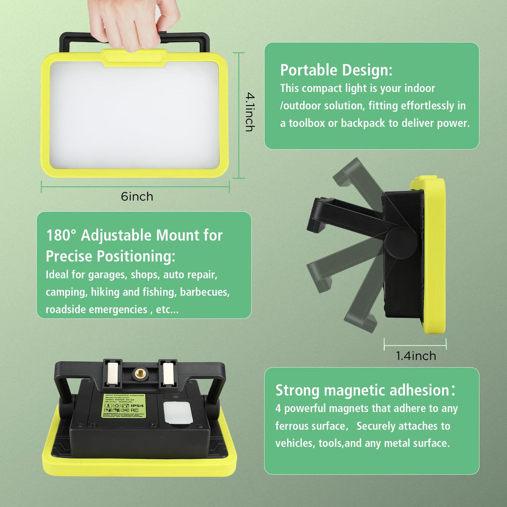 LED Work Light, Rechargeable, 700 LM Magnetic Portable Flood Light with Adjustable Stand, IP54 Waterproof, 3 Lighting Modes with Emergency SOS, 1Pack Y90678
