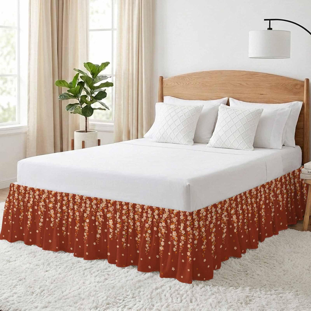 Brown Cherry Blossoms Ruffle Wrap Around Bed Skirt California King 18" Drop C8563