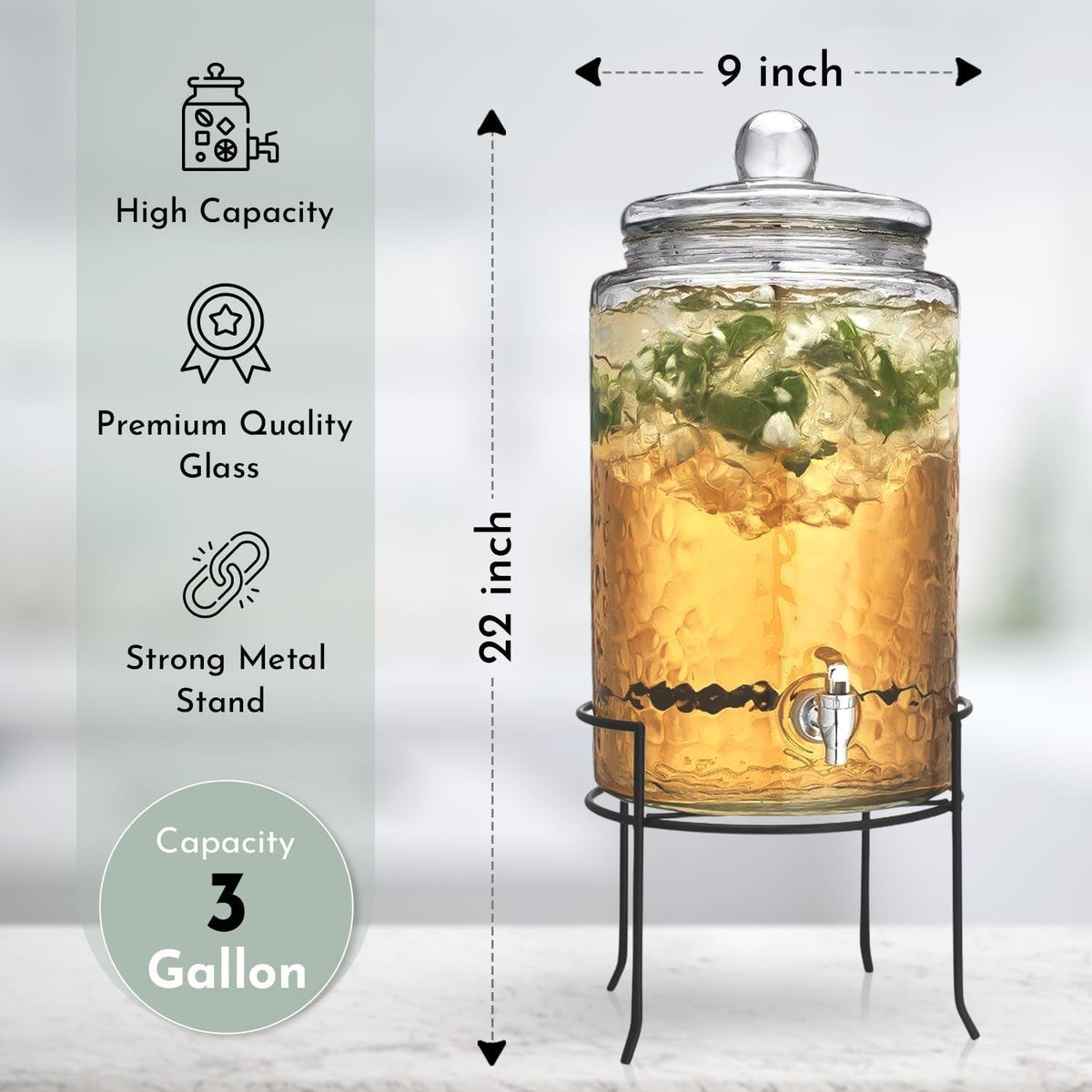 3 Gallon Glass Beverage Dispenser with Metal Stand & Lid L363
