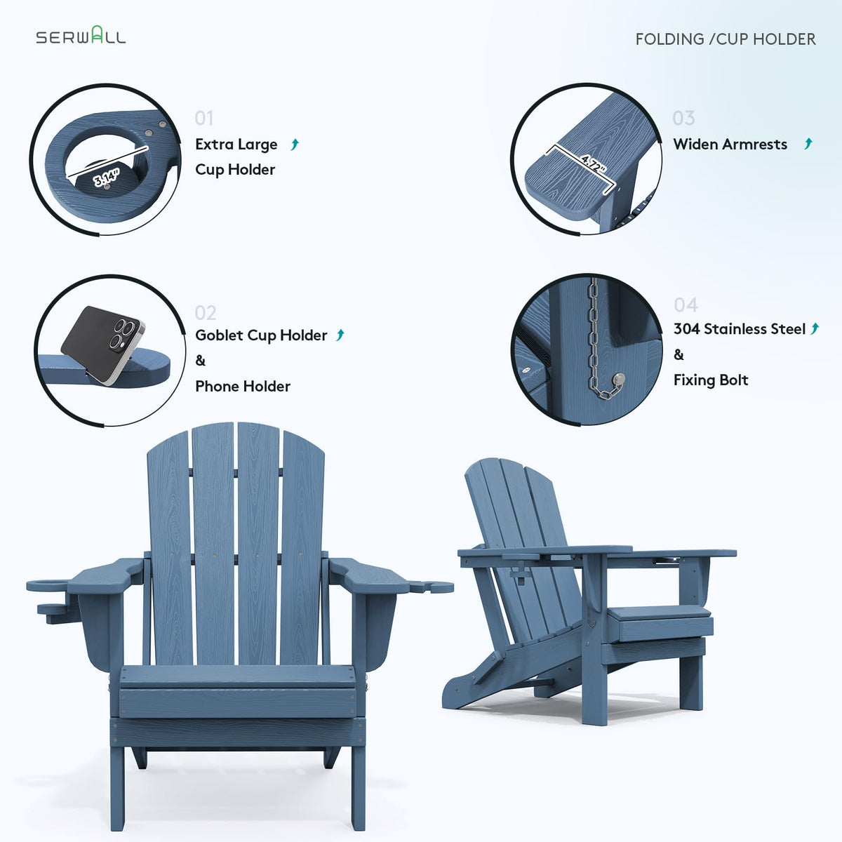 Blue Foldable Adirondack Chair Set of 2 with Cup Holders G676