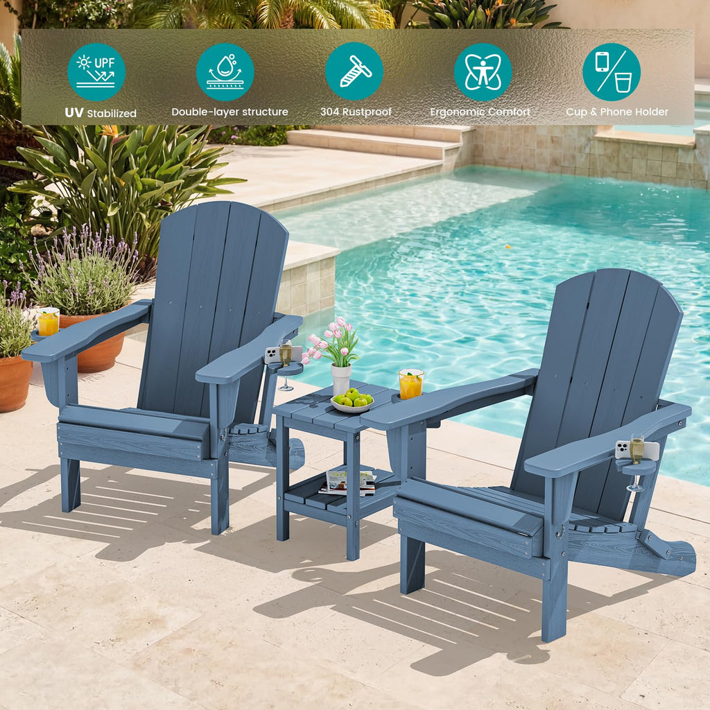 Blue Foldable Adirondack Chair Set of 2 with Cup Holders G676