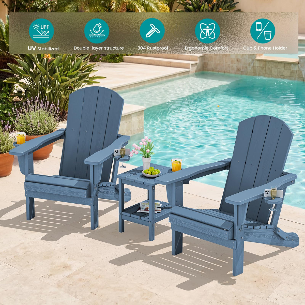 Blue Foldable Adirondack Chair Set of 2 with Cup Holders G676