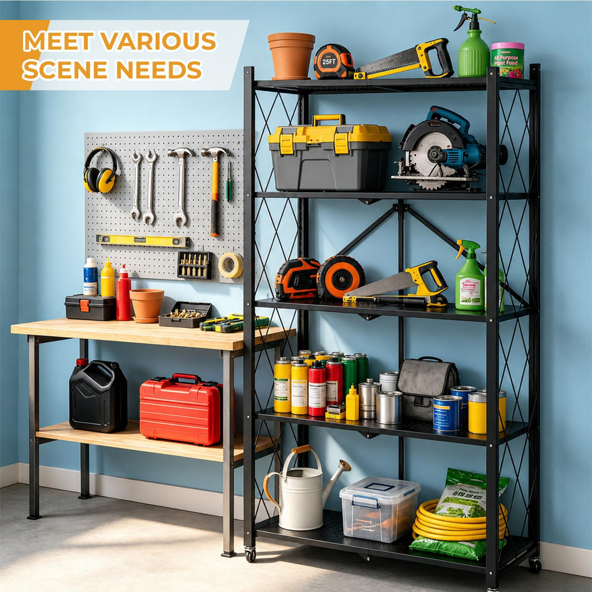 5 Tier Foldable Metal Storage Shelf with Wheels M4656