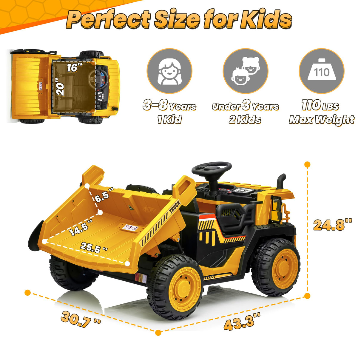 24V 2 Seater Ride on Dump Truck with 400W Motors, Yellow L4737