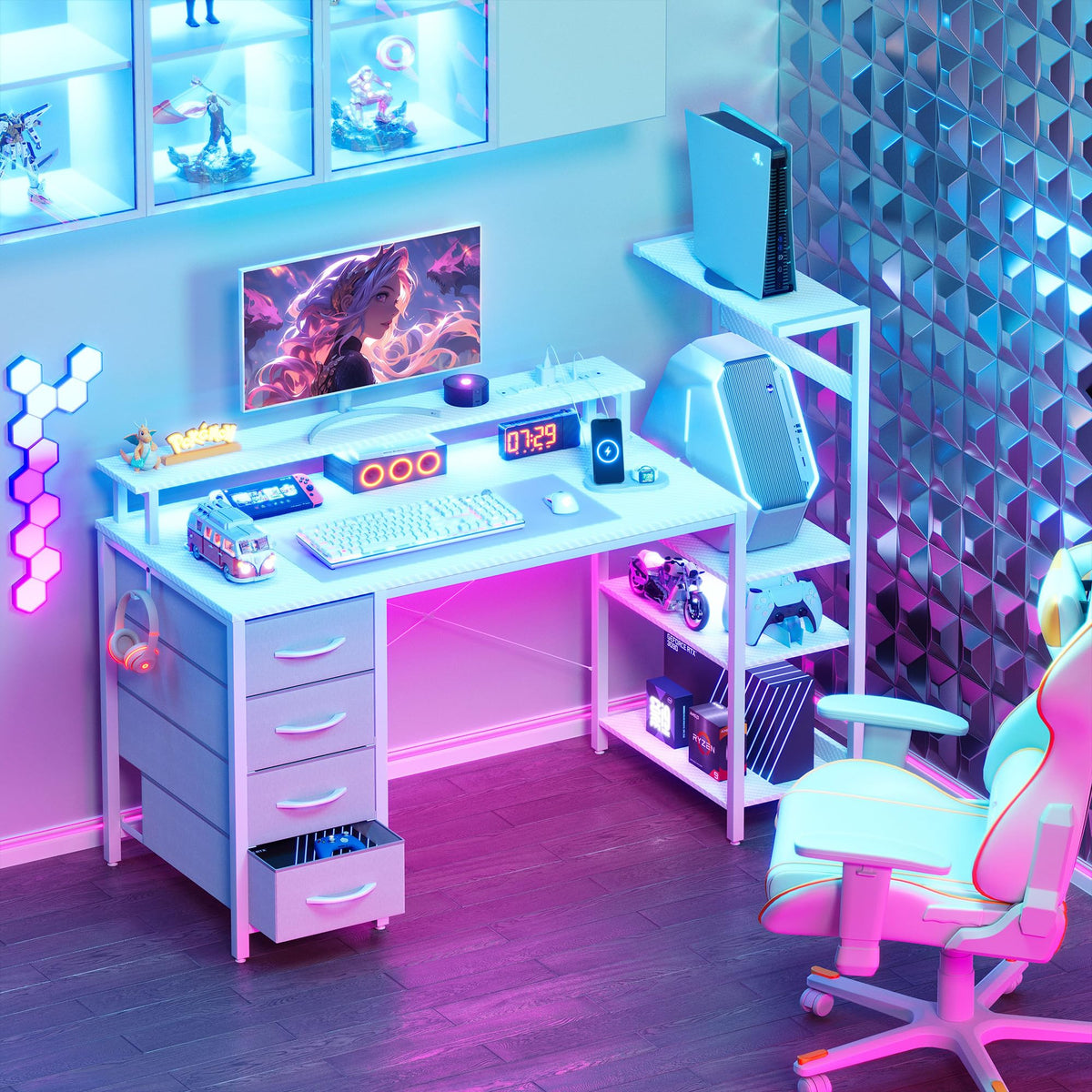 51 Inch White Gaming Desk with Drawers F3056