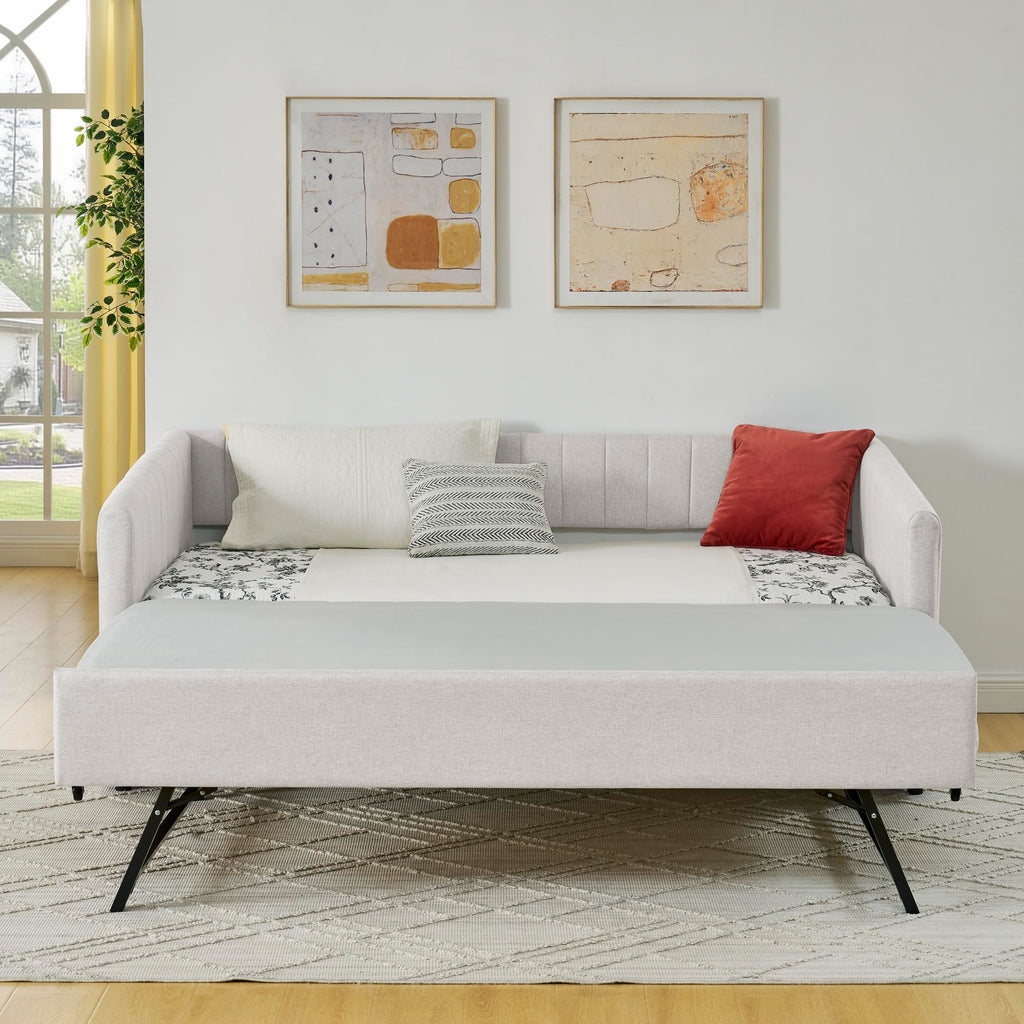 Twin Size Upholstered Linen Daybed with Trundle Y290657