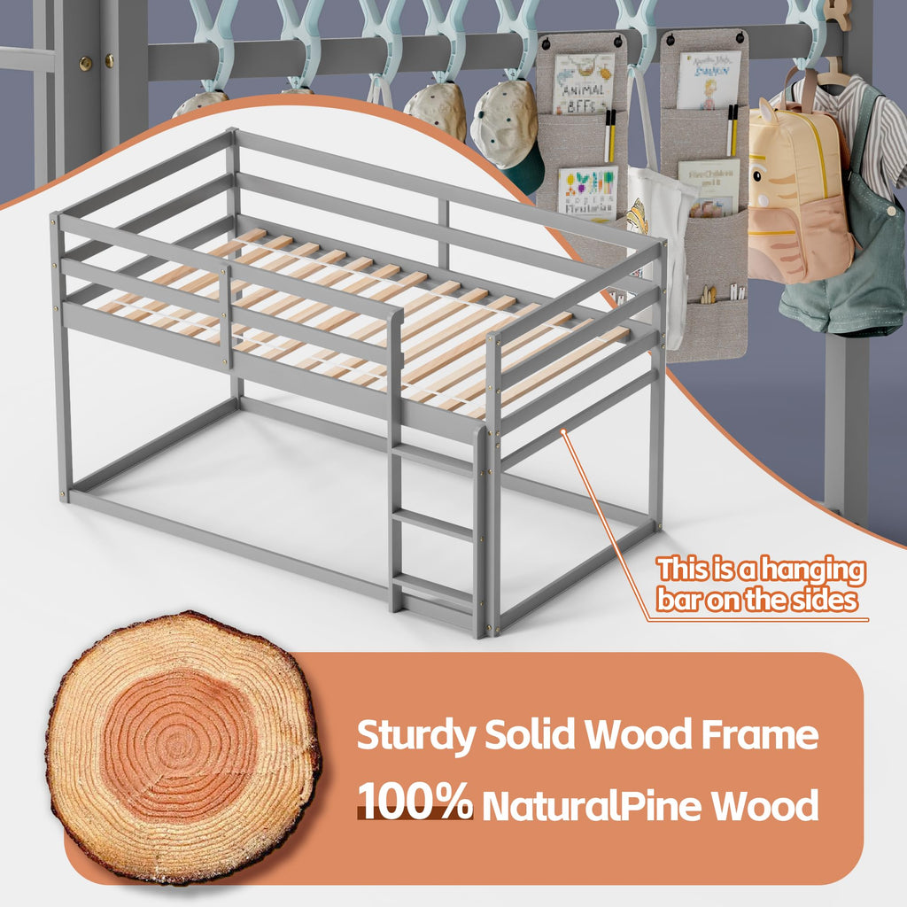 Low Twin Over Twin Wooden Bunk Bed with Ladder and Guardrails Q610992