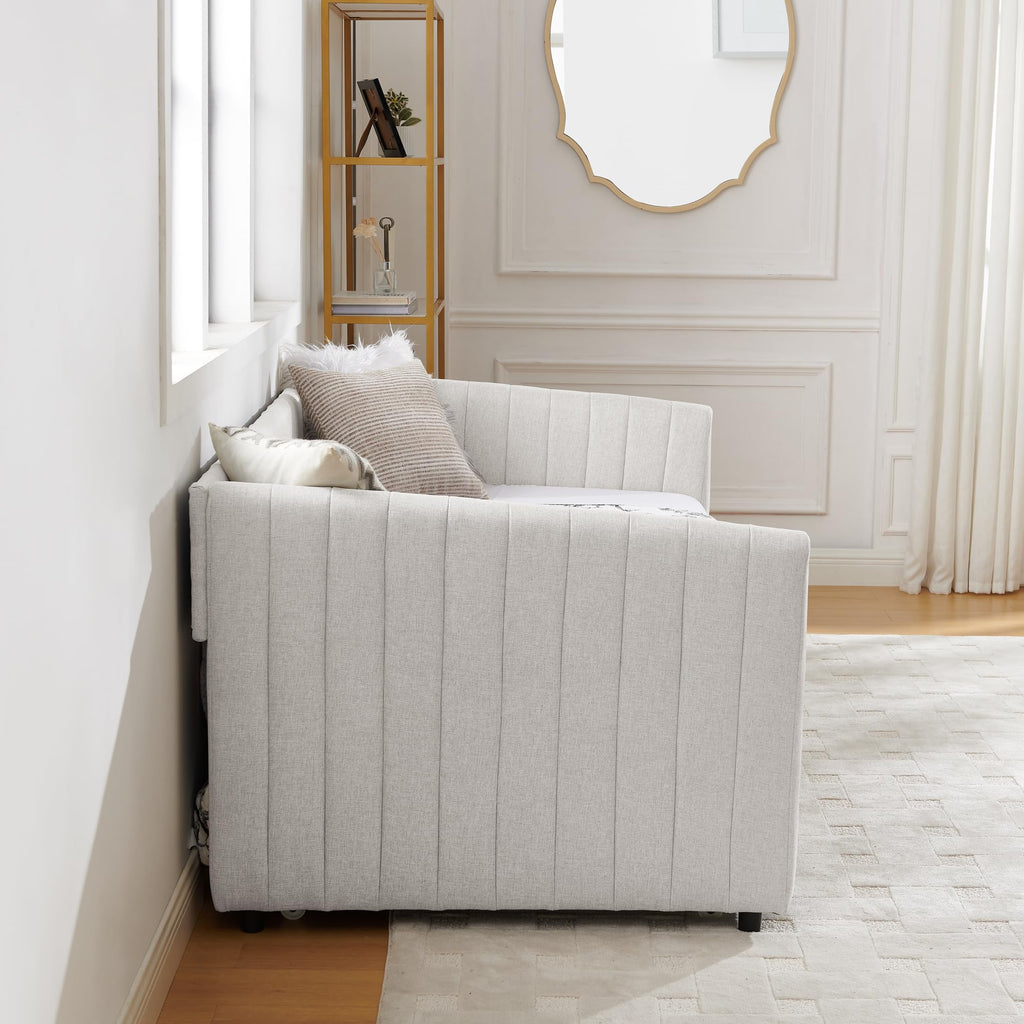 Twin Size Upholstered Linen Daybed with Trundle Y290657