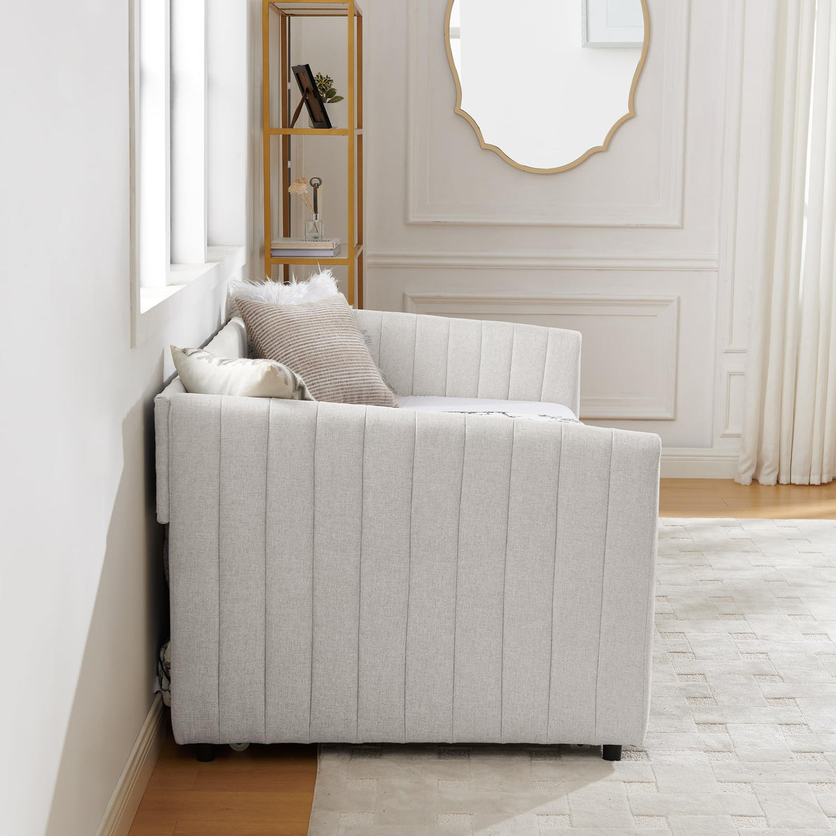 Twin Size Upholstered Linen Daybed with Trundle Y290657
