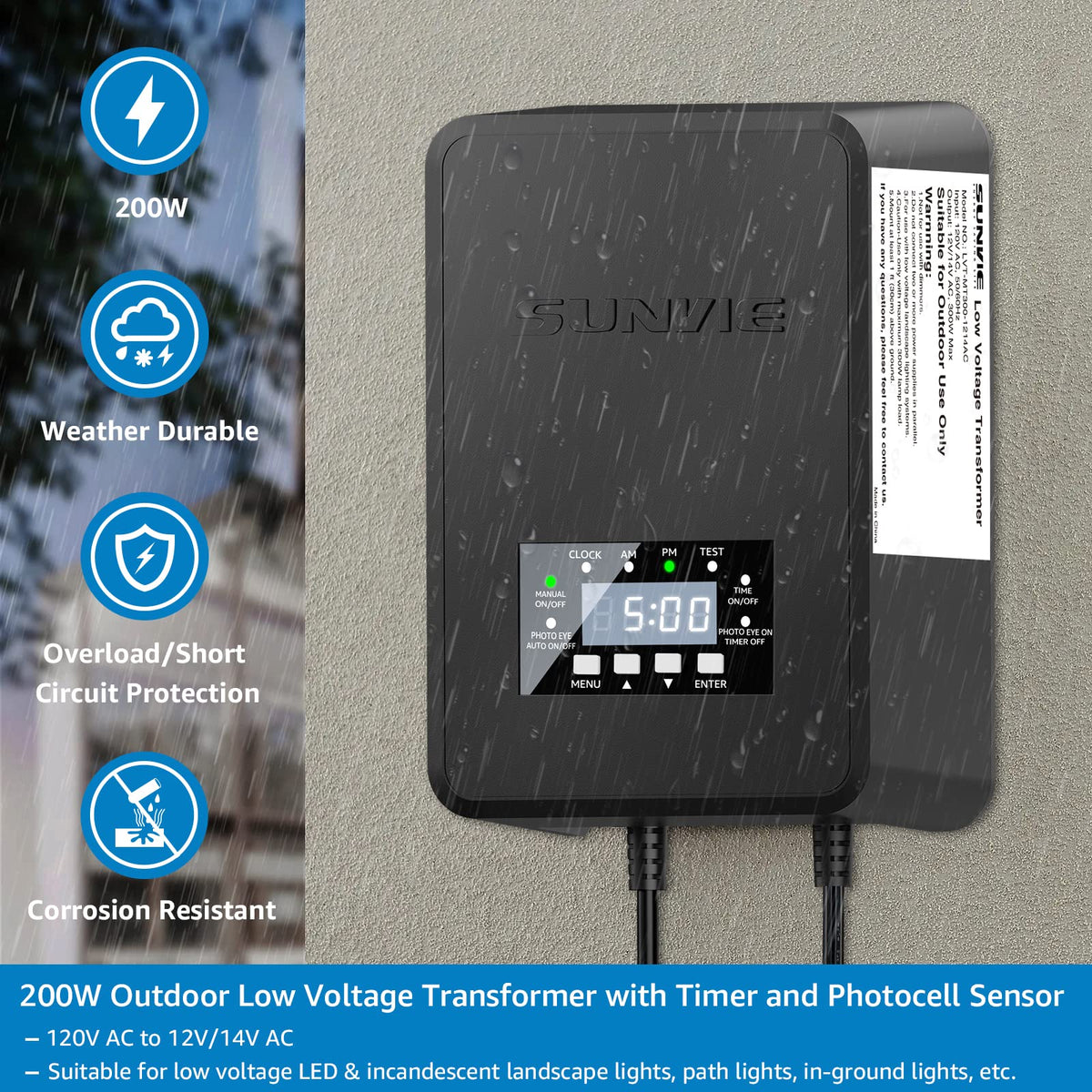 200W Landscape Lighting Transformer with Timer and Photocell Sensor T365