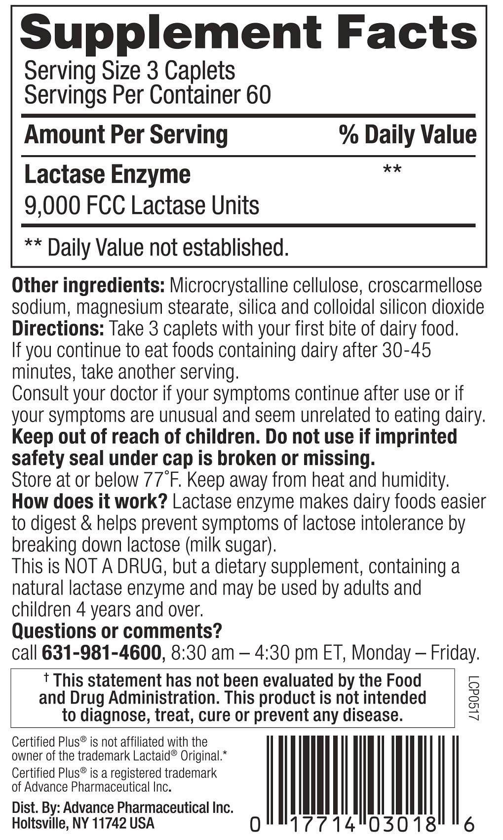 Lactase Enzyme 180 Caplets A618