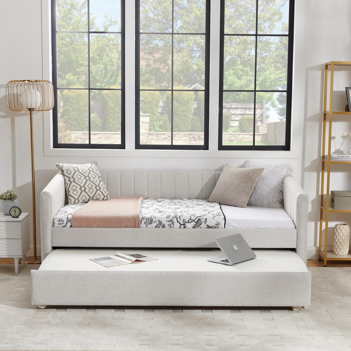 Twin Size Upholstered Linen Daybed with Trundle Y290657