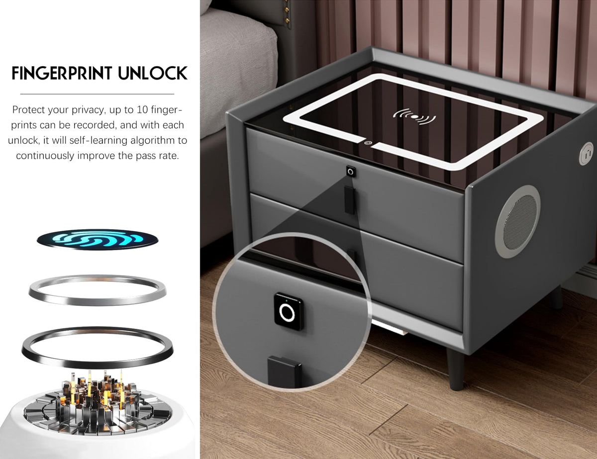 Grey Three Drawers Nightstand with Fingerprint Lock and Wireless Charging E54195