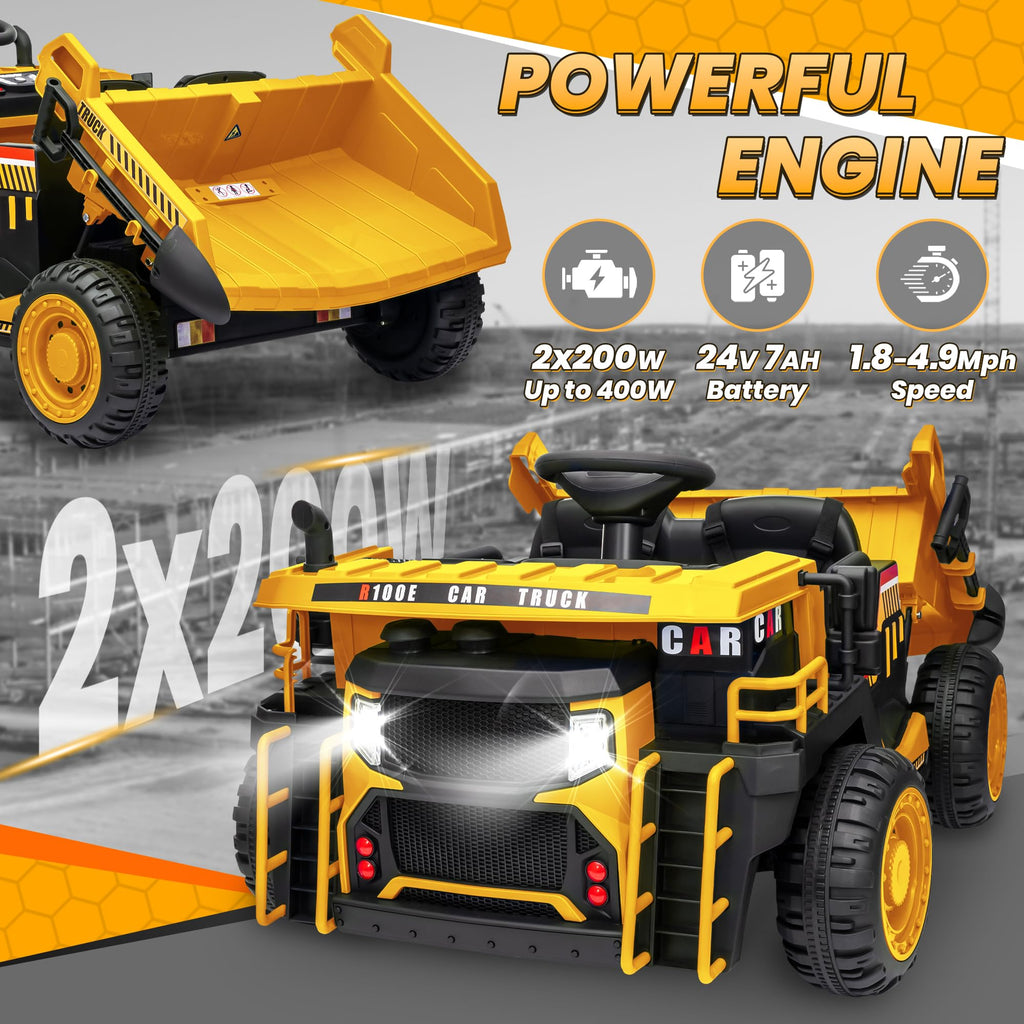 24V 2 Seater Ride on Dump Truck with 400W Motors, Yellow L4737