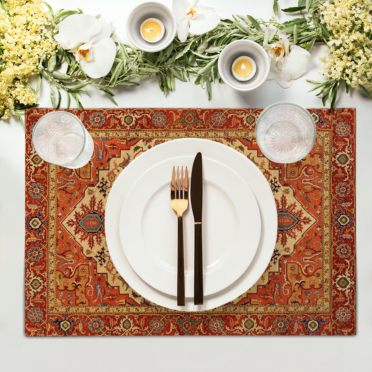 Boho Ethnic Placemats Set of 4 Orange Brown Retro Flower Linen 12"x18" A870077