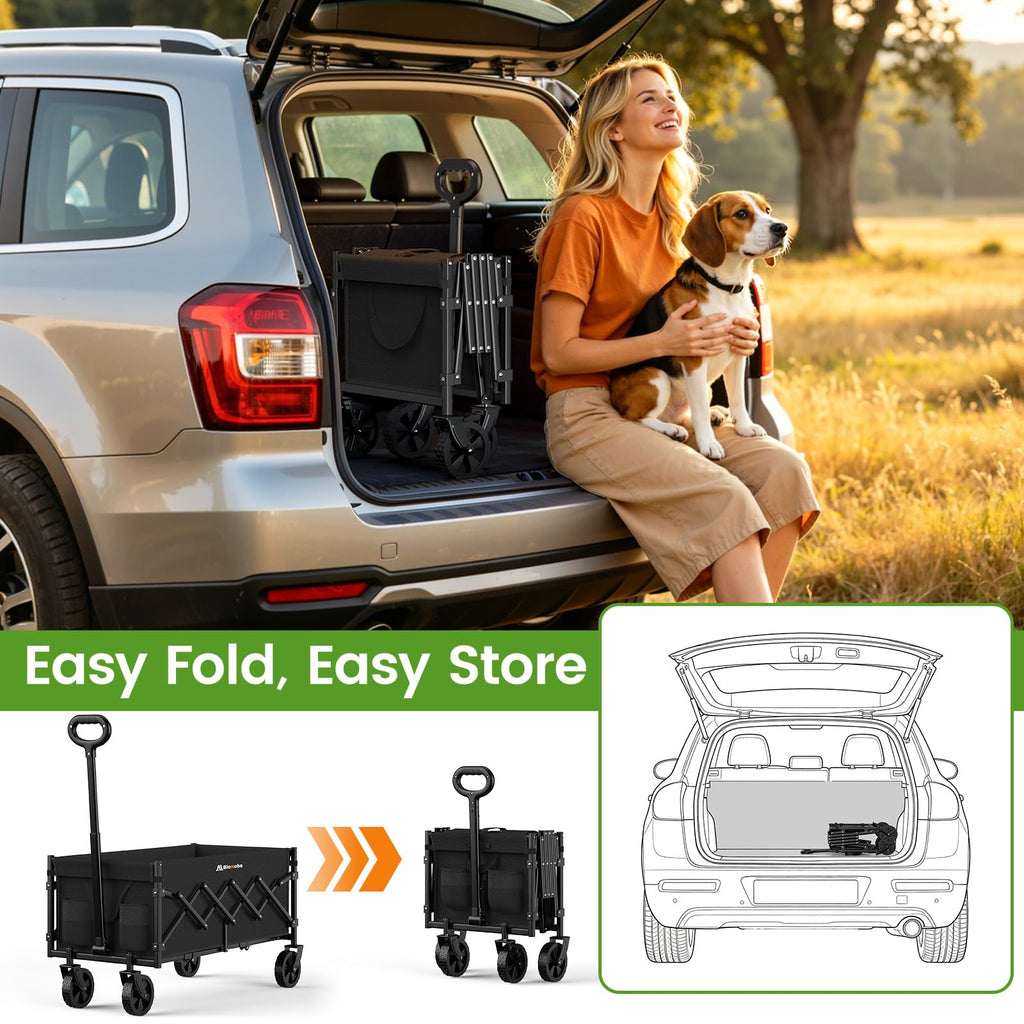 35" Extra Long Folding Wagon with Adjustable Handle & Wheels, Black B87500