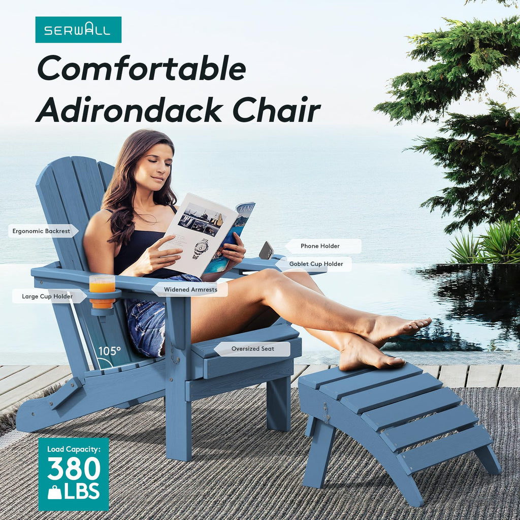 Blue Foldable Adirondack Chair Set of 2 with Cup Holders G676