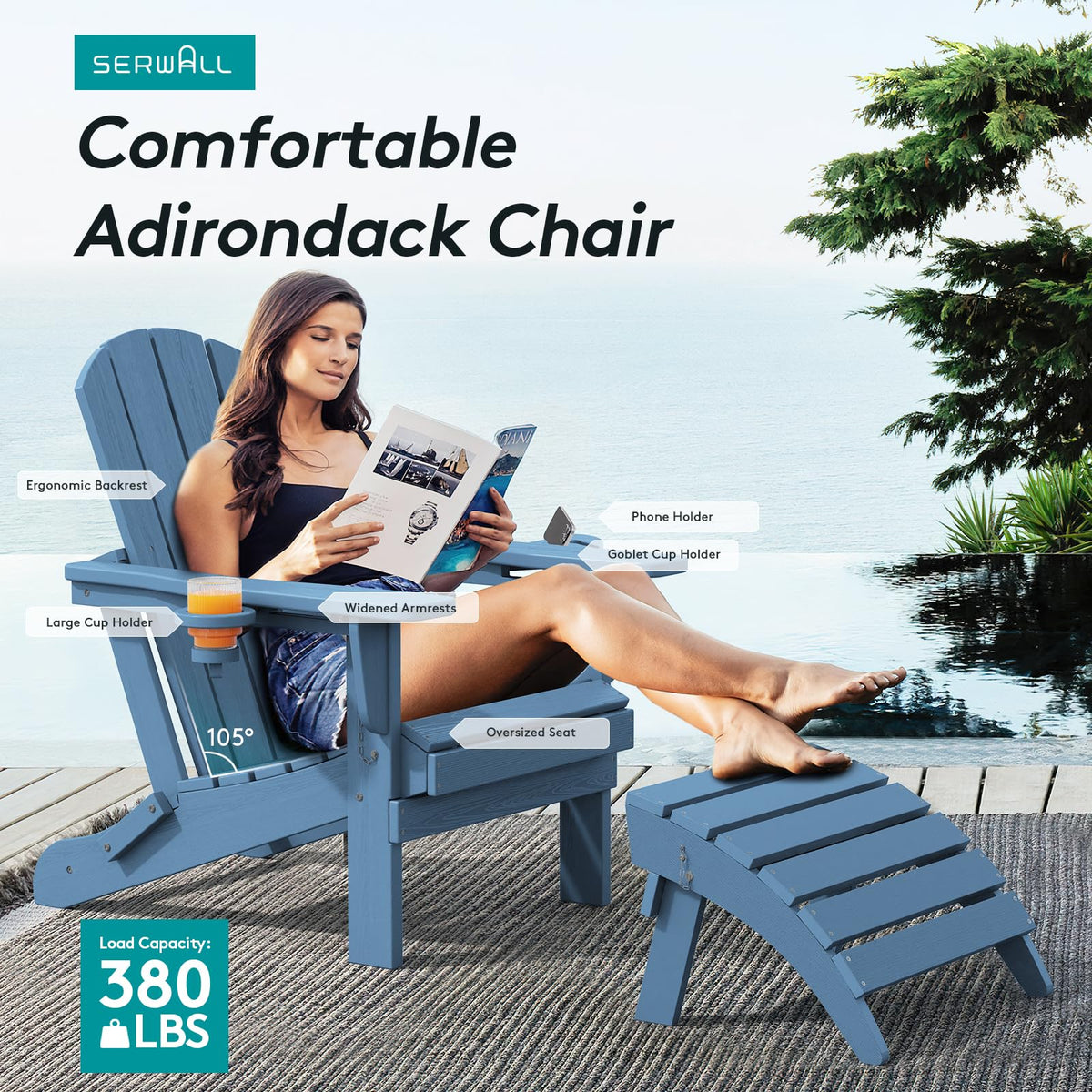 Blue Foldable Adirondack Chair Set of 2 with Cup Holders G676