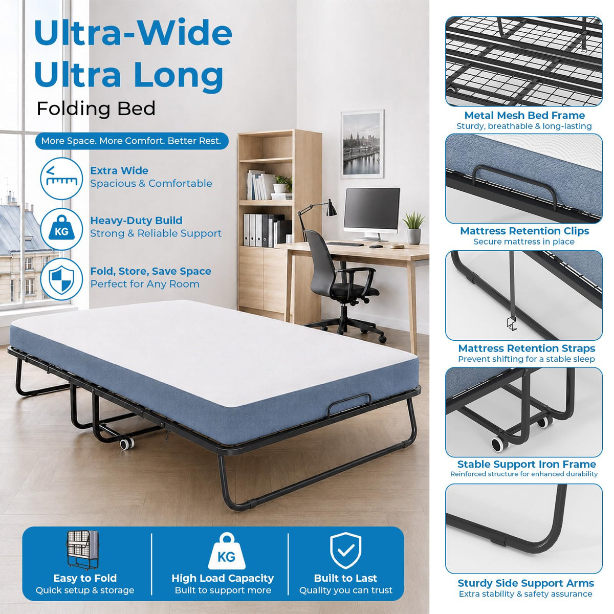 Folding Bed with 5" Foam Mattress Queen Size Metal Frame Y44022