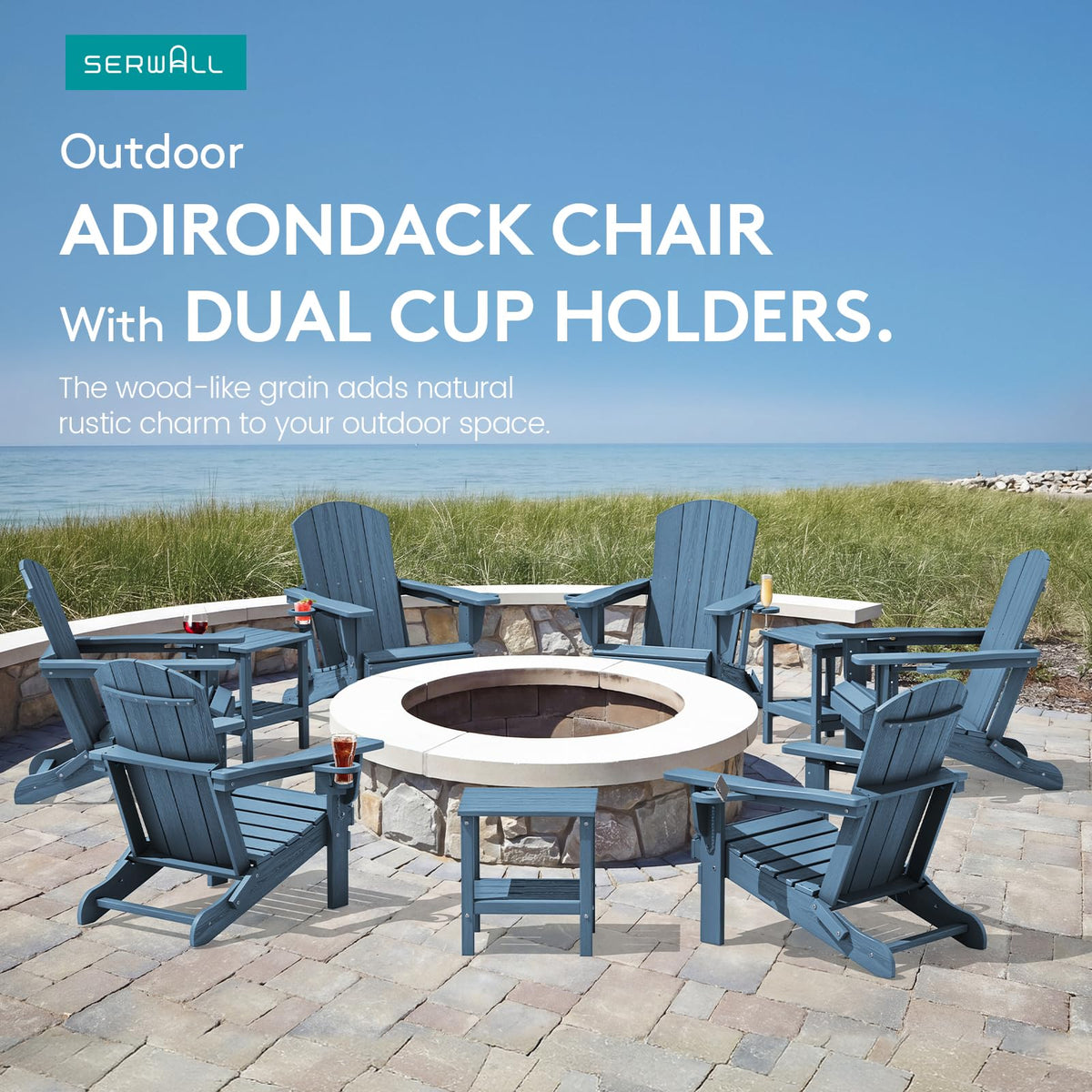 Blue Foldable Adirondack Chair Set of 2 with Cup Holders G676