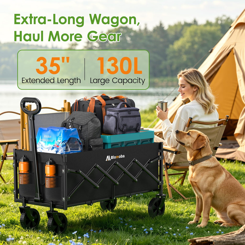 35" Extra Long Folding Wagon with Adjustable Handle & Wheels, Black B87500